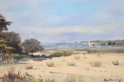 a painting of a beach scene with a sailboat in the distance