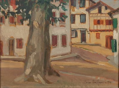 a painting of a tree in front of a building