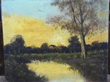 an oil painting of a sunset over a river with a tree