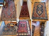 four different pictures of a hallway with a chair and a rug on the floor