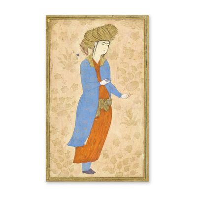 un tableau représentant une femme vêtue d'un manteau bleu et d'une robe orange