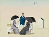 un tableau représentant une famille avec des parapluies sur le sable