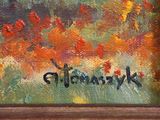 an oil painting of a field of red flowers with the word entament written on it