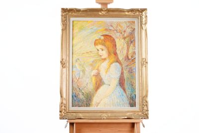 a picture of a painting of a girl on a easel