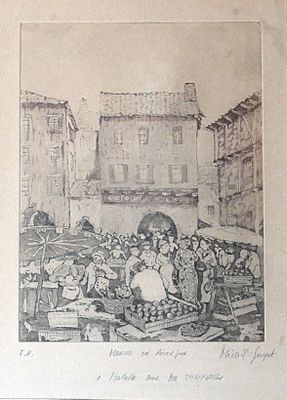 a drawing of a group of people at a market