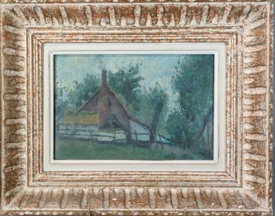 an oil painting of a farm scene with a barn in the background