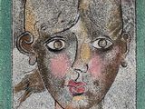 tableau représentant le visage d'une femme dans un cadre carré orné d'une bordure verte