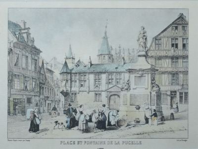 dessin représentant un groupe de personnes debout devant un bâtiment doté d'une tour horloge