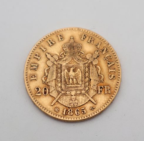 Pièce de monnaie en or à valeur faciale de vingt francs 1865. Fra...
