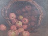 un tableau représentant des pommes dans un panier posé sur une table