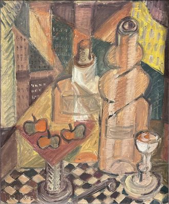 une nature morte représentant une bouteille de vin et une corbeille de fruits