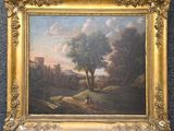 un tableau représentant un paysage avec un homme et un chien au premier plan