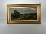 an oil painting of a landscape in a gold frame on a white wall
