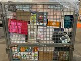 a metal cart with many items in it in a warehouse