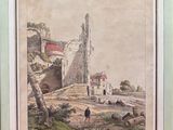 une vieille peinture représentant un homme marchant sur un chemin de terre près d'un bâtiment