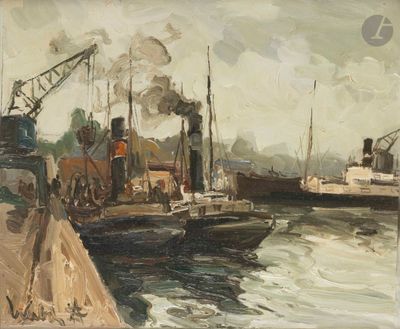 a painting of a boat in the water near a dock