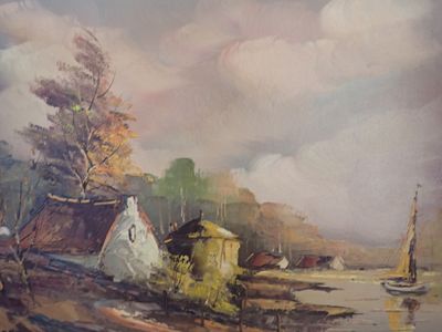 un tableau représentant un bateau sur l'eau près d'un village