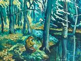 a painting of a person sitting on a rock in the woods