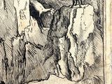 an old drawing of a man sitting on a rock with a goat in the background