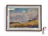 painting of a landscape with mountains in the distance and clouds in the sky