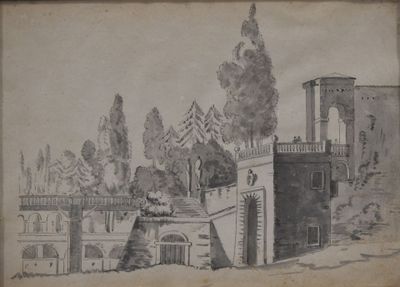 dessin représentant un château avec une tour et un pont