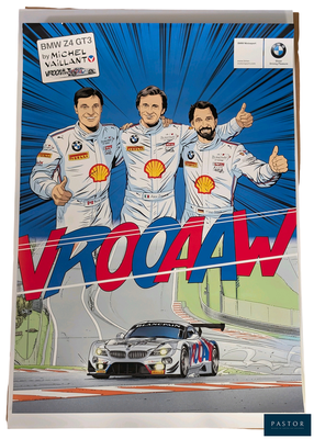 a poster of a group of men standing next to a car