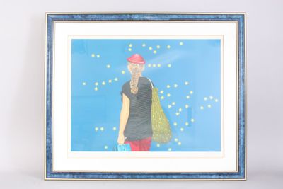 painting of a woman in a red hat and black shirt holding a green bag