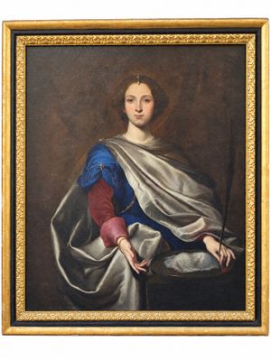 an image of a painting of a woman in a blue and red dress