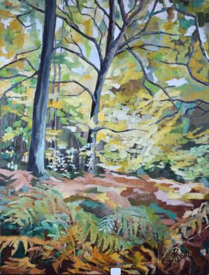 une peinture à l'huile représentant une scène forestière avec des arbres et un banc