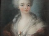 an old painting of a woman in a white dress with a flower in her hair