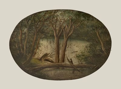 a picture of a painting of a river in the woods
