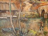 a painting of a man fishing in a river