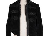 the jacket is black and has flowers on it
