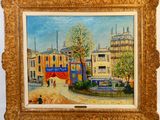 une peinture à l'huile représentant une scène de rue avec des bâtiments et une fontaine