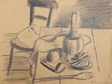 un dessin représentant une chaise et une bouteille posées sur une table