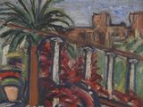 une peinture représentant un balcon sur lequel se trouve une plante en pot