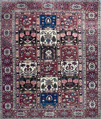 a red and blue rug with many different designs on it