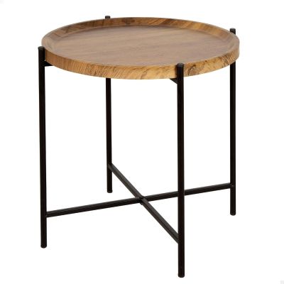 une table ronde en bois avec des pieds en métal et un plateau en bois