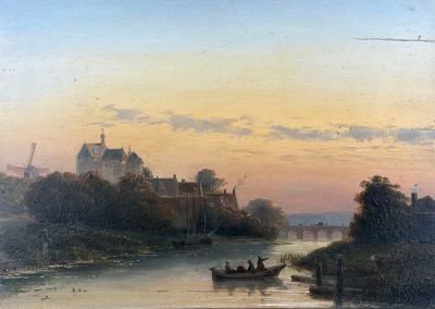 a painting of people in a boat on the water