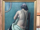 tableau représentant une femme nue assise sur une chaise devant un chevalet
