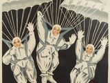 an old french poster of three women parachuding with parachutes