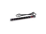 a black power strip with a red light on it