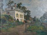 an oil painting of a house with a fence in front of it