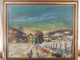 une peinture à l'huile représentant un paysage enneigé avec une maison à l'arrière-plan