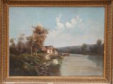 une peinture représentant un bateau sur l'eau près d'une maison