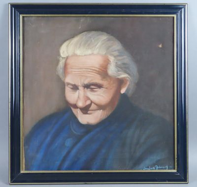 un tableau représentant un homme d'un certain âge aux cheveux blancs, vêtu d'une chemise bleue