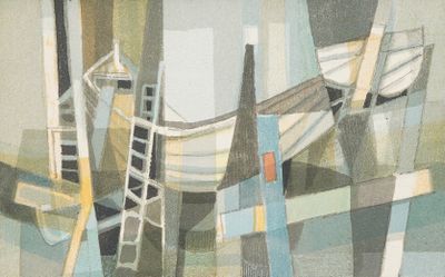 une peinture représentant un bateau et une échelle dans l'eau