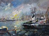 oil painting of a harbor scene with ships in the water