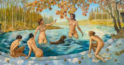 un tableau représentant un groupe de personnes nues dans une piscine