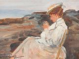 tableau représentant une femme en robe blanche assise sur une plage